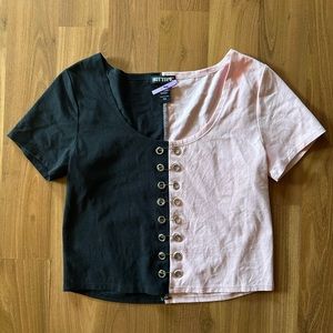 Hot Topic Safety Pin Black and Pink Colorblock Short Sleeve Tee